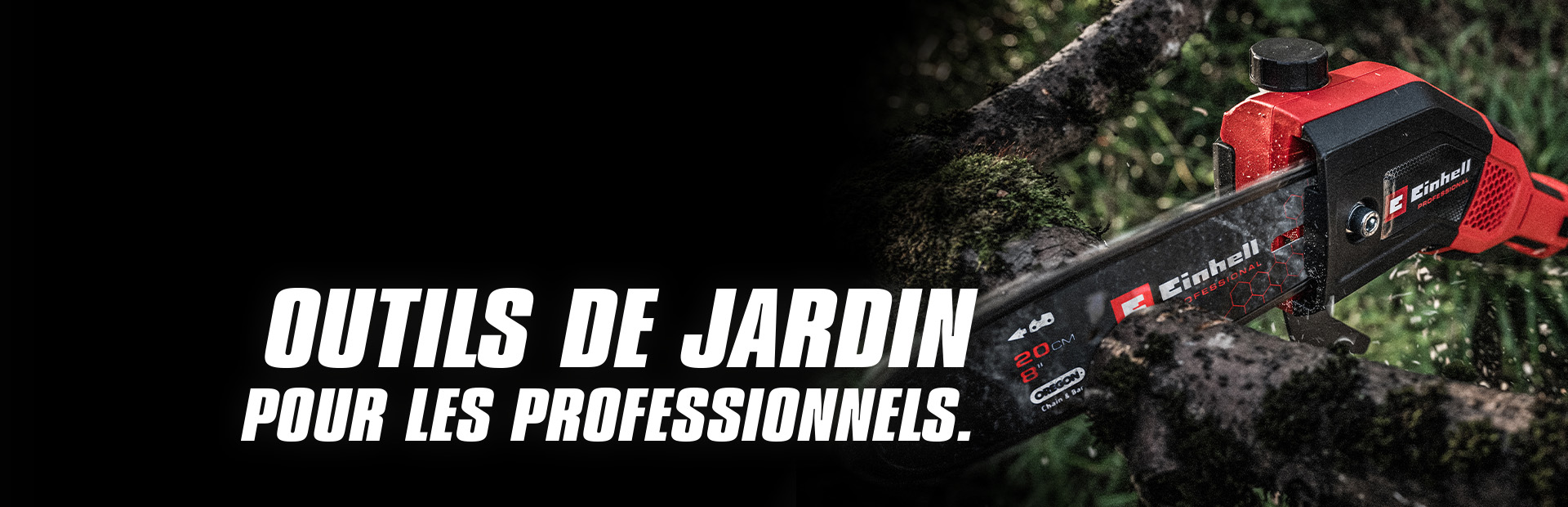 A red cordless chainsaw cuts through a branch, with the text "Garden Tools for Pros".