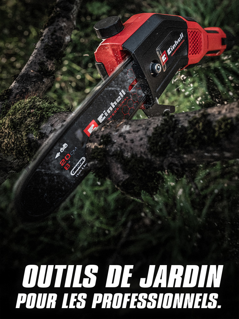A red cordless chainsaw cuts through a branch, with the text "Garden Tools for Pros".