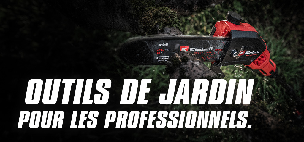 A red cordless chainsaw cuts through a branch, with the text "Garden Tools for Pros".