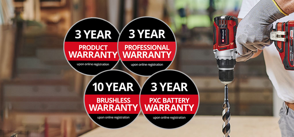 "Here you can see a man in a workshop with an Einhell drill in use. In addition, the icons for the different types of warranty extension have been placed on the picture. The following warranty extensions are possible: ‘Product warranty’, ‘Professional warranty’, ‘Brushless warranty’ and ‘Battery warranty’