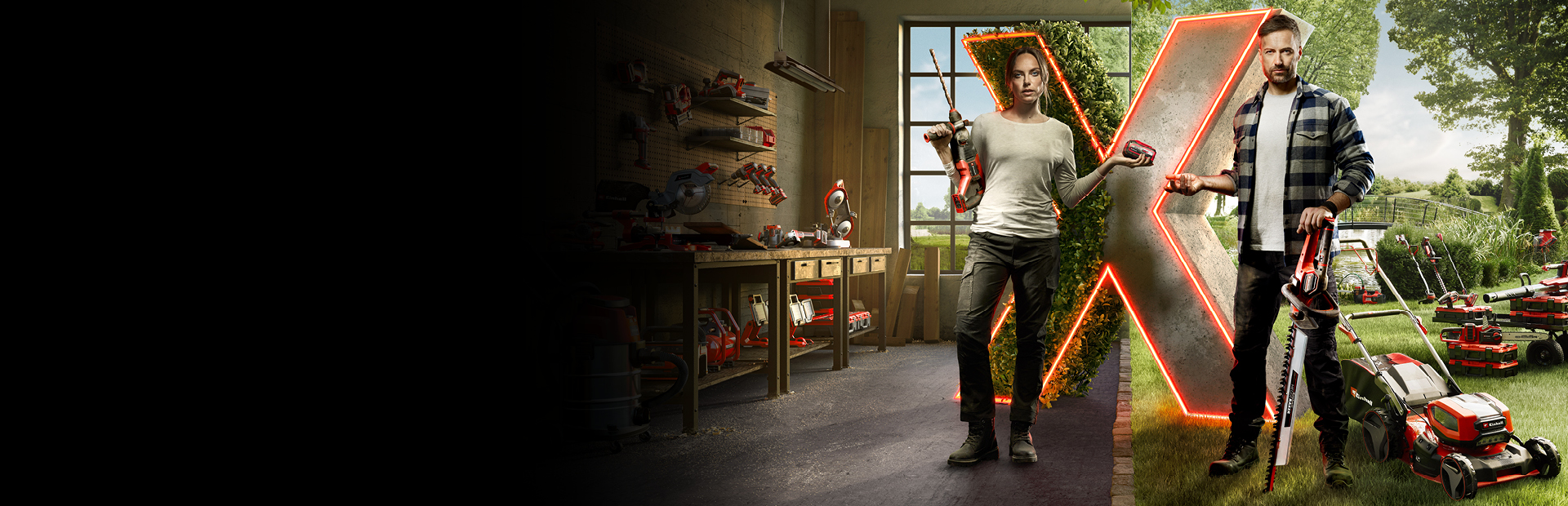 Startpage image of two people surrounded with tools and garden devices.